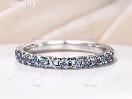 Round Cut Lab Alexandrite band 14k white gold Stackable bridal wedding band Full Eternity Ring Petite pave anniversary ring Prongs Set For Discount