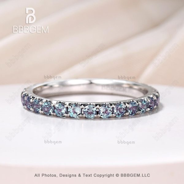 Round Cut Lab Alexandrite band 14k white gold Stackable bridal wedding band Full Eternity Ring Petite pave anniversary ring Prongs Set For Discount