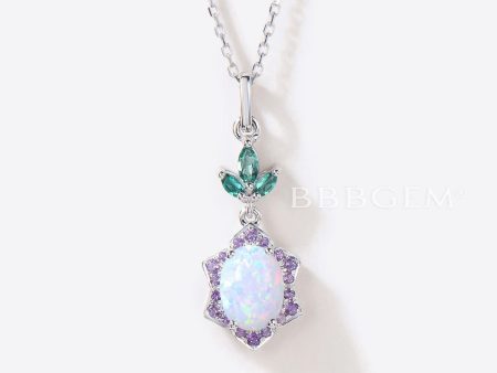 Oval White Opal Wedding Necklace Cluster Amethyst Halo Pendant For Sale