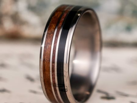 (In-Stock) Custom Titanium Ring with Weathered Whiskey Barrel, Dinosaur Bone & USS NJ Battleship Teak Inlay - Size 13.25 | 8mm Wide Hot on Sale