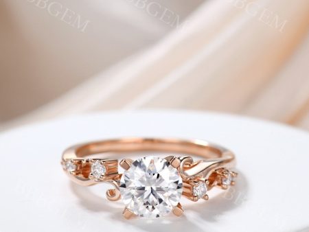 1.2 Carat Round Cut Forever One Moissanite Wedding Ring In 14k Pink Gold Twig Vine Moissanite Band For Discount