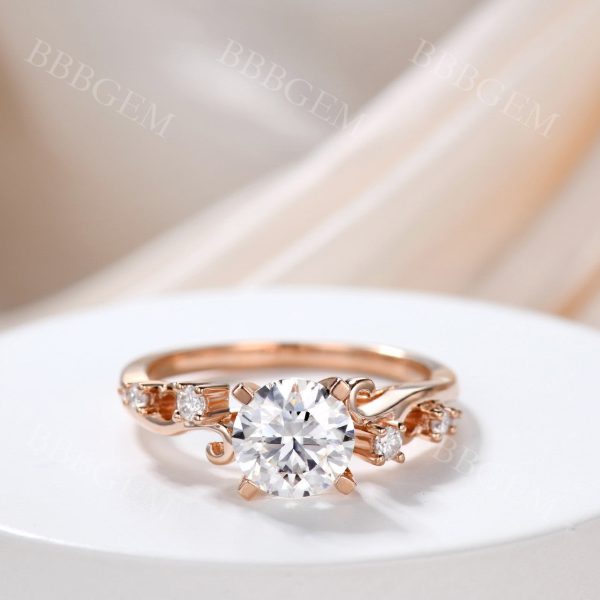 1.2 Carat Round Cut Forever One Moissanite Wedding Ring In 14k Pink Gold Twig Vine Moissanite Band For Discount