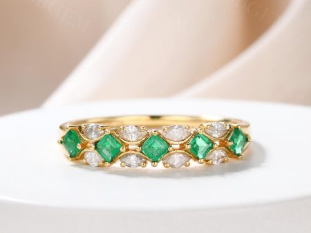 Yellow Gold Moissanite Diamond & Real Emerald Double Row Band Princess Cut Emerald Women Band Online