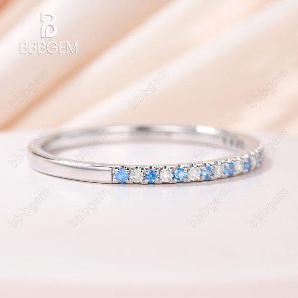 Blue Topaz and Diamond Wedding Rings 14k White Gold Thin Pave Half Eternity Band Anniversary Ring Online Hot Sale