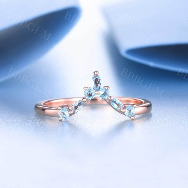 14K Rose Gold Blue Topaz Wedding Band Dainty Curved Stacking Ring December Birthstone Ring Gemstone Band Online