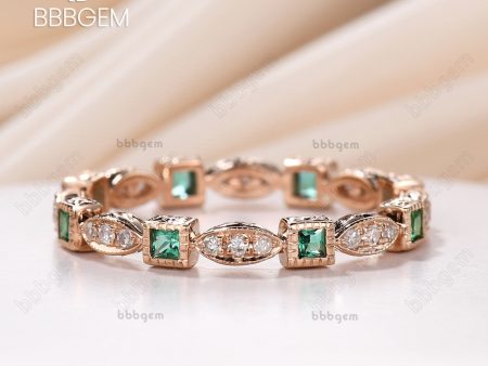 Natural Emerald Diamond ring, 14k Yellow gold engagement ring,wedinng band,stack matching band,anniversary ring,princess cut emerald ring For Sale