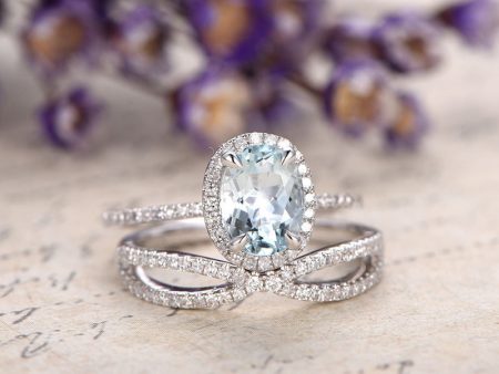 2pcs Aquamarine engagement ring with diamond set,Solid 14k White gold bridal ring,8mm Oval gem Twisted Wedding band custom made fine jewelry Fashion