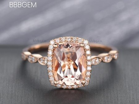 2 Carat Cushion Cut Natural Peachy Pink Morganite Wedding Ring Diamond Halo Ring Pink Gold Diamond Wedding Band Supply