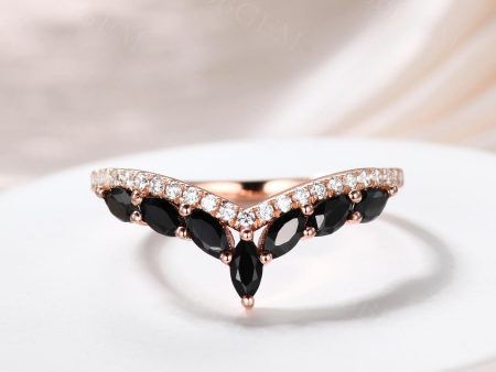 7-Stones Marquise Cut Black Spinel Dimond Crown Stacking V Shaped Band Online now