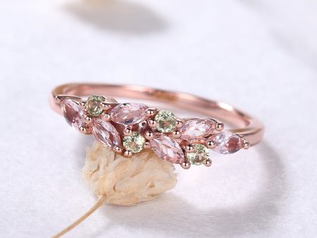 Unique Dainty Morganite Peridot Cluster Wedding Band 14k Rose Gold Ring for Women Online Hot Sale