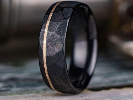 (In-Stock) The Apollo Noir | Men s Hammered Black Titanium Wedding Band with Offset 14k Yellow Gold Inlay - Size 11.5 | 8mm Wide Supply