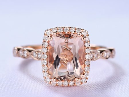 2 Carat Cushion Cut Natural Morganite Wedding Ring Diamond Halo Ring Pink Gold Diamond Wedding Band Sale