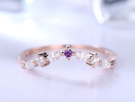 Curved Marquise Round Cut Moissanite Wedding Band Amethyst Stone Rose Gold For Cheap