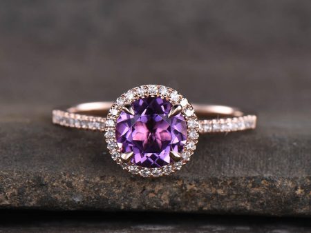 Natural 7mm Round Cut Amethyst Engagement Ring Diamond Wedding Ring 14k Rose Gold Halo Prong Set Online Hot Sale