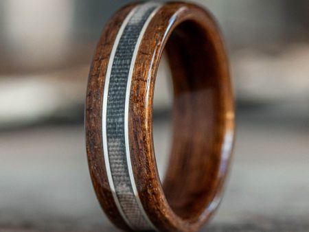 (In-Stock) Custom USS New Jersey Battleship Teak Wood Ring with USS North Carolina Battleship Teak Liner, Camo Fabric, and Dual Sterling Silver Inlays - Size 13.5 | 8mm Wide Hot on Sale