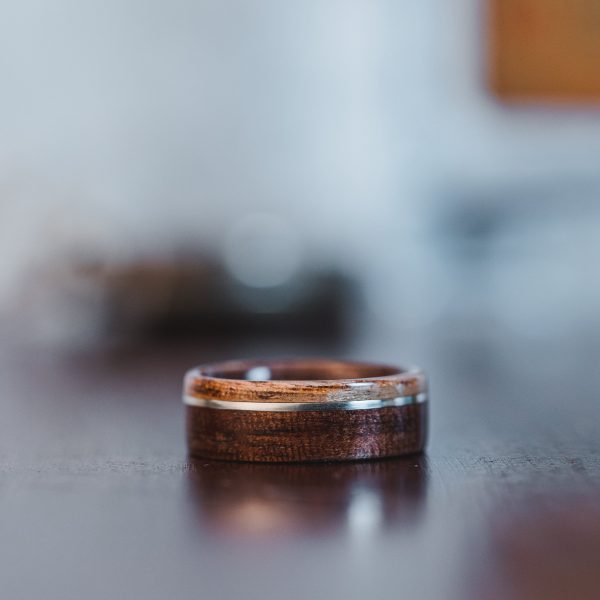 (In-Stock) Antique Walnut Wooden Ring, Offset Sterling Silver, & Chestnut Edge - Size 9.75 | 8mm Wide Hot on Sale