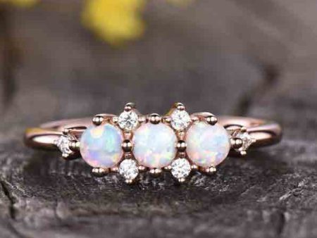 14K 18K Gold Antique White Opal Diamond Rose Gold Engagement Ring Three Stone Discount