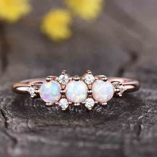 14K 18K Gold Antique White Opal Diamond Rose Gold Engagement Ring Three Stone Discount