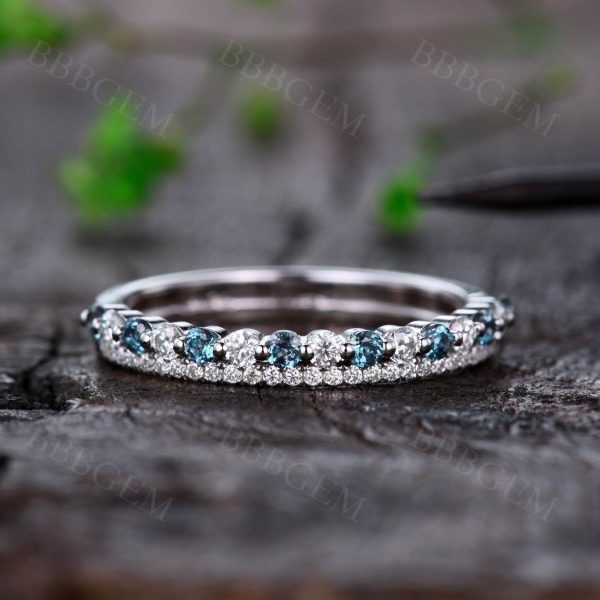 Unique Moissanite Alexandrite Wedding Band White Gold Stacking Matching Band Fashion