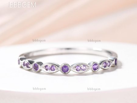 Amethyst Wedding Ring 14k Rose Gold Antique Art Deco Half Eternity Band February Birthstone Ring Online now