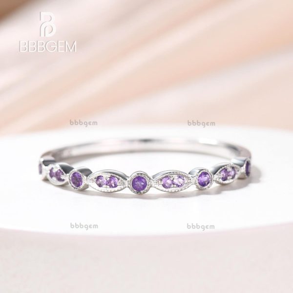 Amethyst Wedding Ring 14k Rose Gold Antique Art Deco Half Eternity Band February Birthstone Ring Online now