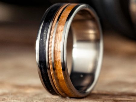 (In-Stock) Custom Men s Titanium Ring with Weathered Whiskey Barrel Wood, Guitar String & Airplane Propeller - Size 9.25 | 8mm Wide Online Sale