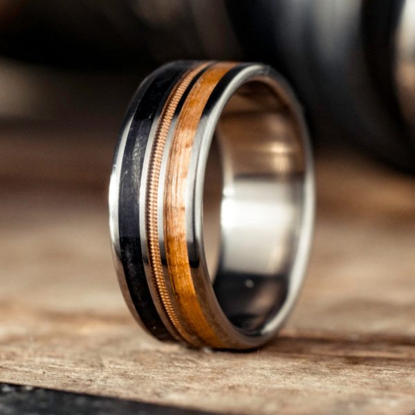 (In-Stock) Custom Men s Titanium Ring with Weathered Whiskey Barrel Wood, Guitar String & Airplane Propeller - Size 9.25 | 8mm Wide Online Sale