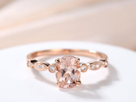 Pink Oval Morganite Engagement Ring 14k Rose gold Milgrain design on Sale