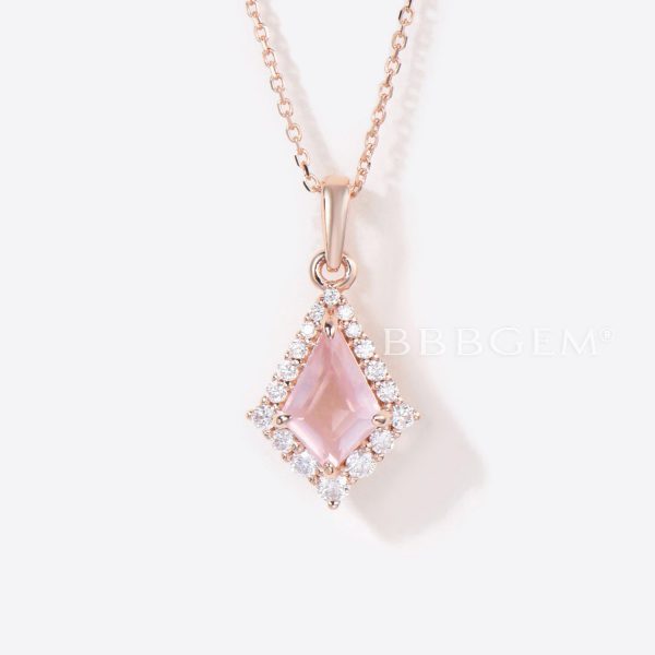 Kite Rose Quartz Necklace Rose Gold Halo Moissanite Pendant Supply