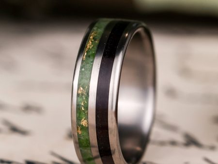 (In-Stock) Custom Titanium Ring with Rosewood and Green Imperial Diopside with Gold Flakes - Size 8.75 | 7mm Wide Hot on Sale