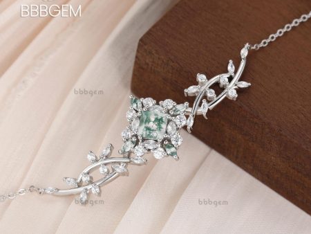 6mm Princess Green Moss Agate Filigree Vine Art Deco Necklace Vintage Style Hot on Sale