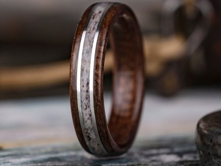 (In-Stock) The Stag | Men s Antique Walnut Wood & Elk Antler Wedding Band with Dual Sterling Silver Inlays - Size 8 | 5mm Wide Fashion