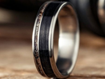 (In-Stock) The Gent s Weekend | Men s Titanium Wedding Band with Weathered Whiskey Barrel and Naturally Shed Elk Antler - Size 12 | 7mm Wide For Sale