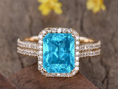 4 Carat Diamond Halo Swiss Blue Topaz Ring 8x10mm Emerald Cut 4mm Diamond Wedding Band Yellow Gold Supply