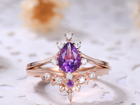 Natural Amethyst Purple Crystal Ring Set 2 Pieces Pear Cut Shaped Band Wedding Ring For Cheap