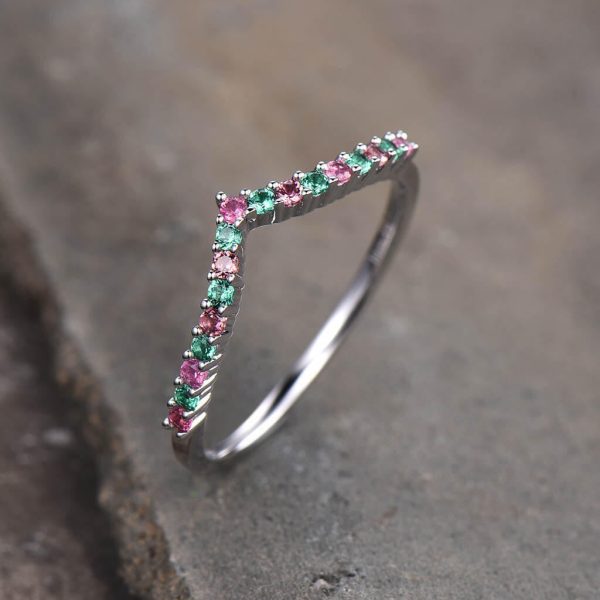 14K  18K Custom Pink Tourmaline  And Emerald White Gold Curved Wedding band Online now