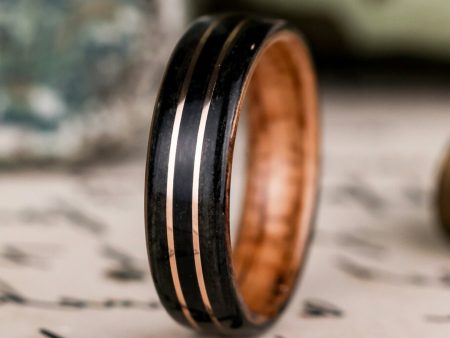 (In-Stock) Custom Whiskey Wood Wedding Band with Chestnut Liner & Dual Bronze Inlays - Size 13.25 | 7mm Wide For Cheap