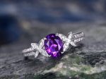 Purple Amethyst engagement ring-Solid 14k White gold-handmade diamond ring-Butterfly flower-6x8mm Oval cut gemstone promise ring Online Sale