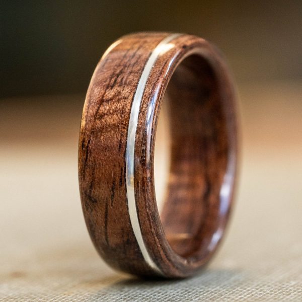 (In-Stock) Antique Walnut Wooden Ring w Offset Silver Inlay - Size 9.75 | 8mm Wide Supply