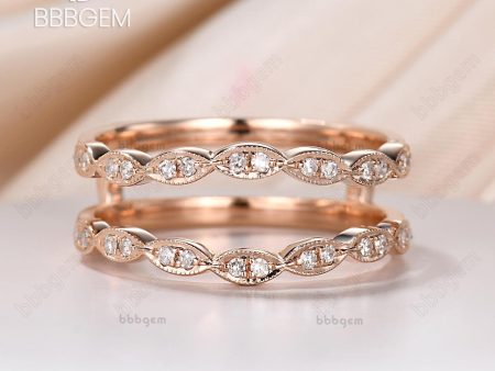 14K Rose Gold Plated Women Marquise Diamond  Enhancer Band Moissanite Double Wedding Stacking Band Wrap Band Ring Vintage on Sale