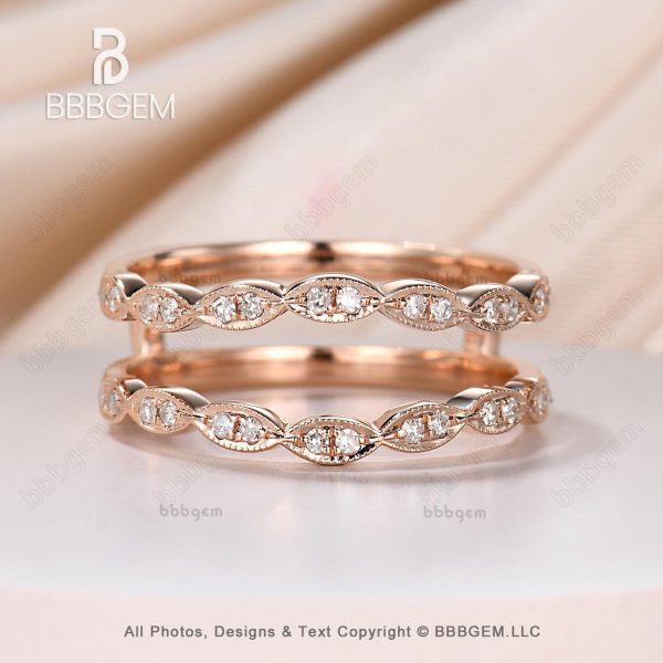 14K Rose Gold Plated Women Marquise Diamond  Enhancer Band Moissanite Double Wedding Stacking Band Wrap Band Ring Vintage on Sale