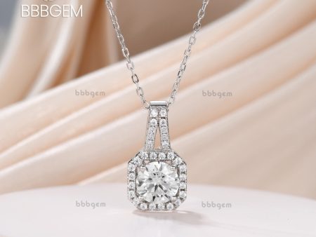 14K White Gold Pave Halo Solitaire Asscher Shape Round Cut Moissanite Dangling Drop Pendant Necklace Women s Gift Fashion