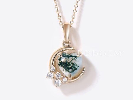 14k Gold Crescent Moon Necklace Heart Shaped Moss Agate Pendant Cheap