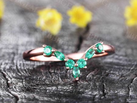 Unique Emerald Stacking Ring May Birthstone Ring 14K Solid Rose Gold Ring Marquise Emerald Matching Band Online