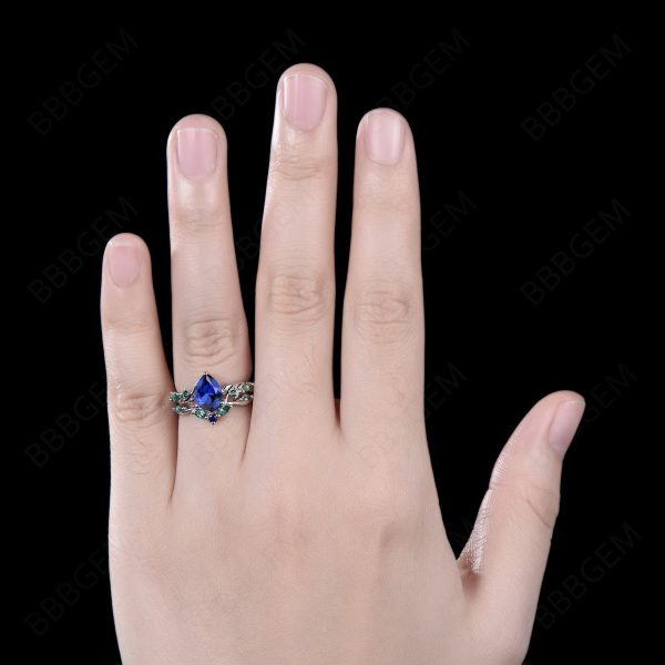 Nature Inspired Pear Blue Sapphire Ring Set Vintage Sapphire Emerald Bridal Ring Set Twig Leaf Vine Wedding Ring September Birthstone Jewelry Online now