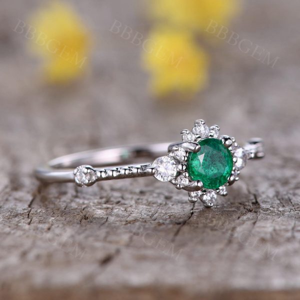 Minimaist Ring Natural Emerald Engagement Rings May Birthstone 5mm Round Zambian Emerald Online Hot Sale