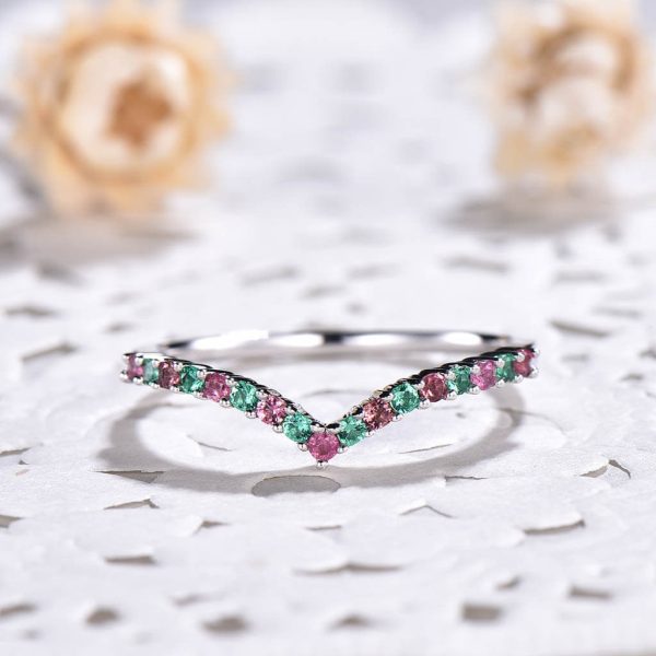 14K  18K Custom Pink Tourmaline  And Emerald White Gold Curved Wedding band Online now