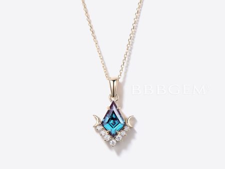 14k Yellow Gold Kite Cut Alexandrite Necklace Moon Diamond Wedding Pendant For Cheap