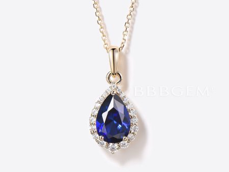 Pear Shaped Blue Sapphire Necklace 14k Gold Halo Diamond Charm Pendant Online now