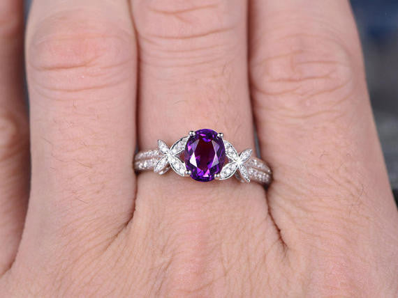 Purple Amethyst engagement ring-Solid 14k White gold-handmade diamond ring-Butterfly flower-6x8mm Oval cut gemstone promise ring Online Sale